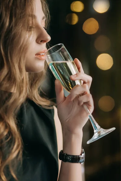 Romantic Woman Long Flying Hair Holds Glass Champagne Gorgeous Long — Stock Photo, Image
