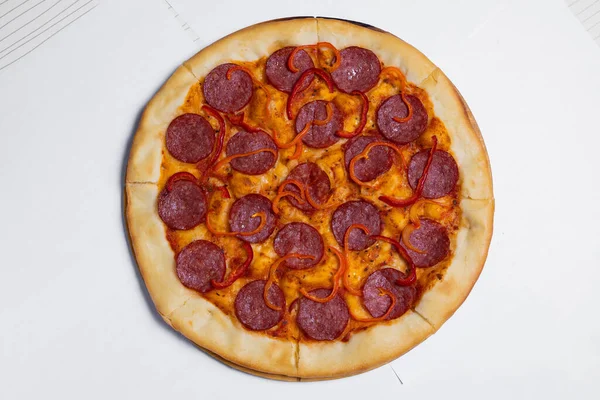 Pizza Top View White Table Isolated Homemade Pizza — Stock Photo, Image