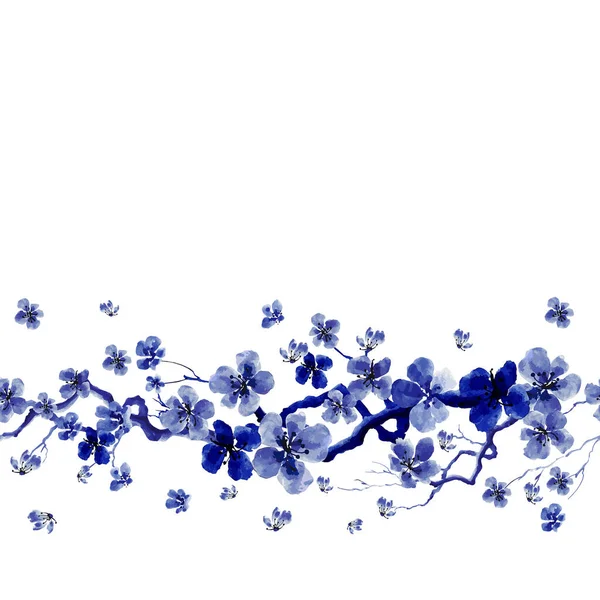 Blaues Aquarell Textur Muster mit Blumen. — Stockvektor