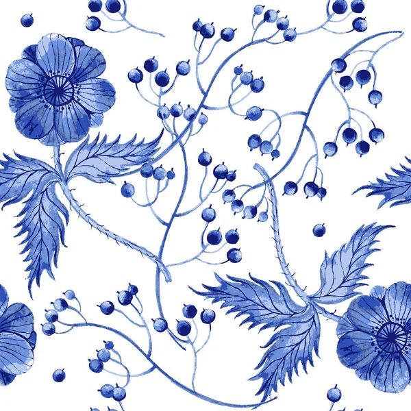 Padrão de textura aquarela floral azul com flores. — Vetor de Stock