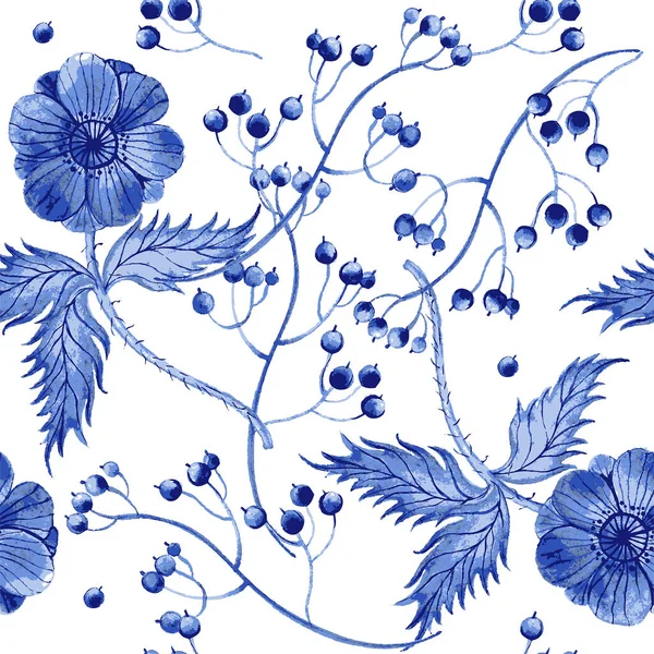 Blå blommig akvarell struktur mönster med blommor. Stockvektor