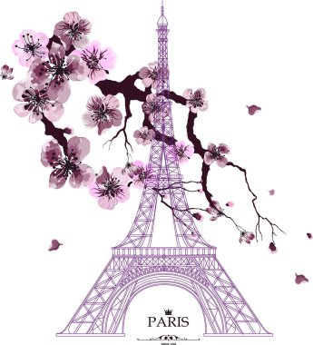 Grunge arka planında sakura çiçekleri olan Eyfel kulesinin klasik vektör çizimi