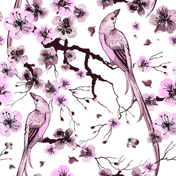 Patrón de textura de acuarela floral con flores de sakura y pájaros — Archivo Imágenes Vectoriales