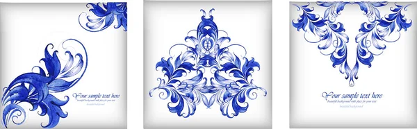 Μπλε floral καρέ νερομπογιάς gzhel και στοιχεία Εικονογράφηση Αρχείου