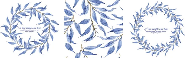Blå blommor akvarell gzhel ramar och element Royaltyfria Stockvektorer