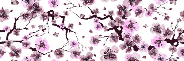 Padrão de textura aquarela floral com flores sakura e pássaros Ilustrações De Stock Royalty-Free