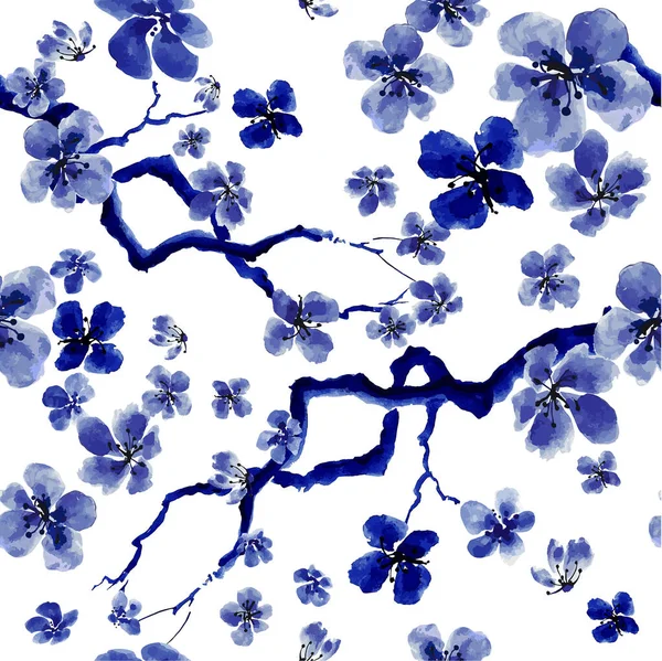 Padrão de textura aquarela floral azul com flores. — Vetor de Stock