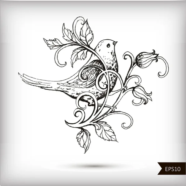 Pájaro dibujado a mano con flores — Vector de stock