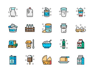 Süt Ürünleri Düz Renk Simgeleri. Süt, Krema, Kefir, Yoğurt, Milkshake.