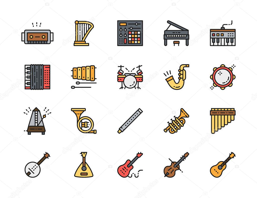 Set of Musical Instruments Color Line Icons. Piano, Accordion, Guitar and more