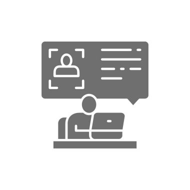 Bilgisayardaki adam özgeçmiş okuyor, kimlik doğrulama gri simgesi.