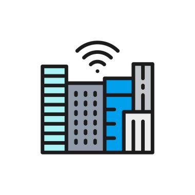 Wi-Fi bölgesi olan akıllı bir kasaba, teknoloji şehri düz renk çizgisi simgesi.
