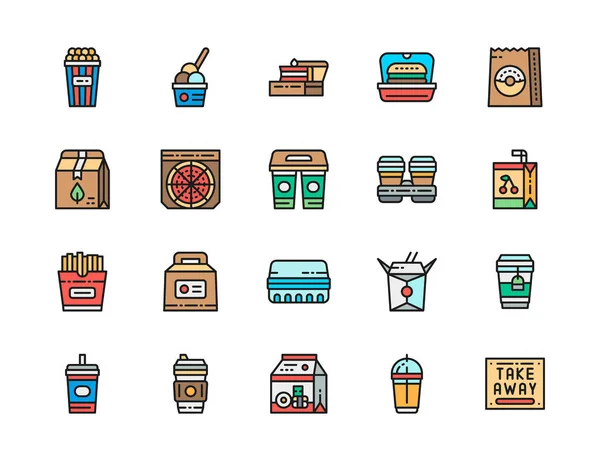 Ensemble d'icônes de ligne de couleur à emporter. Popcorn, boîte à lunch, tasses en carton et plus. — Image vectorielle