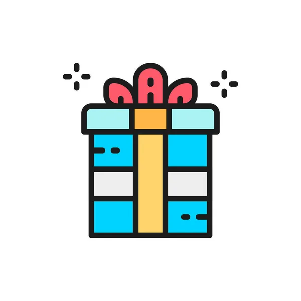 Caja de regalo, embalaje de vacaciones, caja de fiesta plana icono de línea de color. — Vector de stock