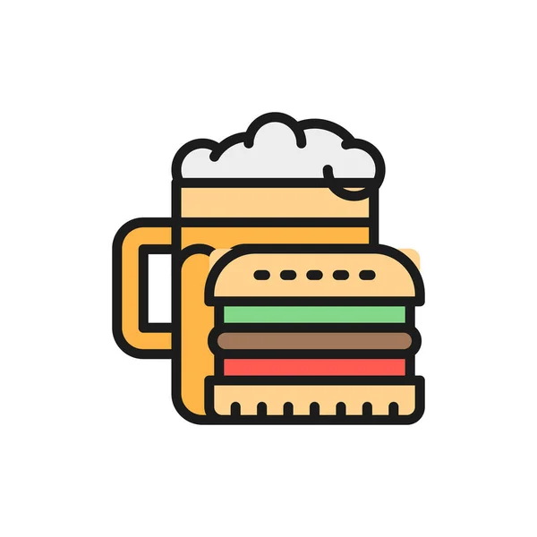 Піктограма лінії пляшкової їжі, пива та бургер плоского кольору . — стоковий вектор