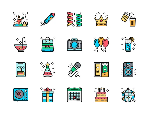 Set de iconos Party Flat Color Line. Fiestas, petardos, guirnaldas y más. — Vector de stock