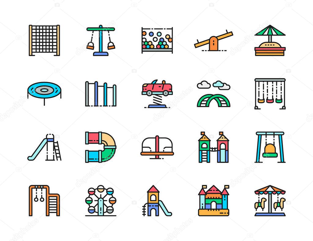 Set of Playground Color Line Icons. Climbing Rope Net, Double Seesaw and more.