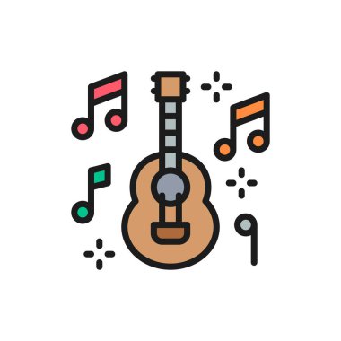 Mexican guitar, music, mariachi flat color line icon.