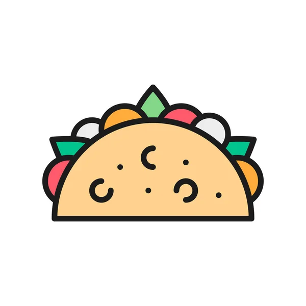 Taco, mexican dish, traditional fast food flat color line icon. — Vetor de Stock