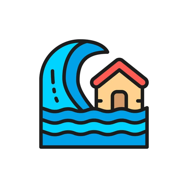 Vector tsunami, storm, flood disaster flat color line icon. — Image vectorielle