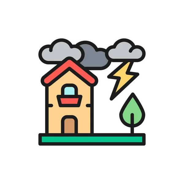 Thunderstorm, lightning, natural disaster, catastrophe flat color line icon.