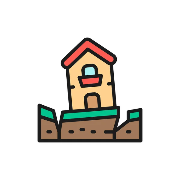 Earthquake, seism, catastrophe, natural disaster flat color line icon. — Image vectorielle