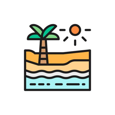 Palmiye ağaçları, deniz ve çöl düz renk çizgisi ikonu olan plaj.