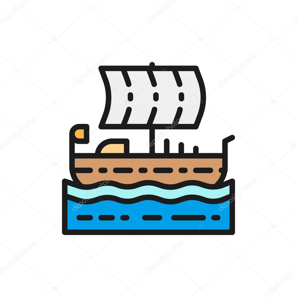 Ancient egyptian ship, boat, felucca flat color line icon.