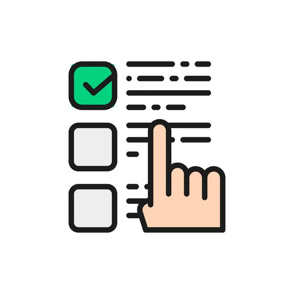 Finger points to a choice, check mark on ballot, checklist flat color line icon. — Stock Vector