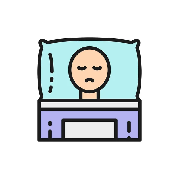 Patient cancéreux au lit, icône de ligne de couleur plate oncologie. — Image vectorielle
