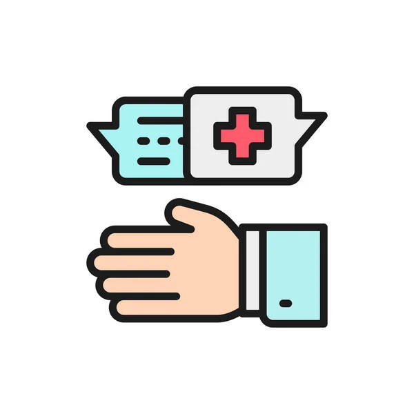 Doctor prescribes medicine, medical specialist prescribe flat color line icon. — стоковый вектор