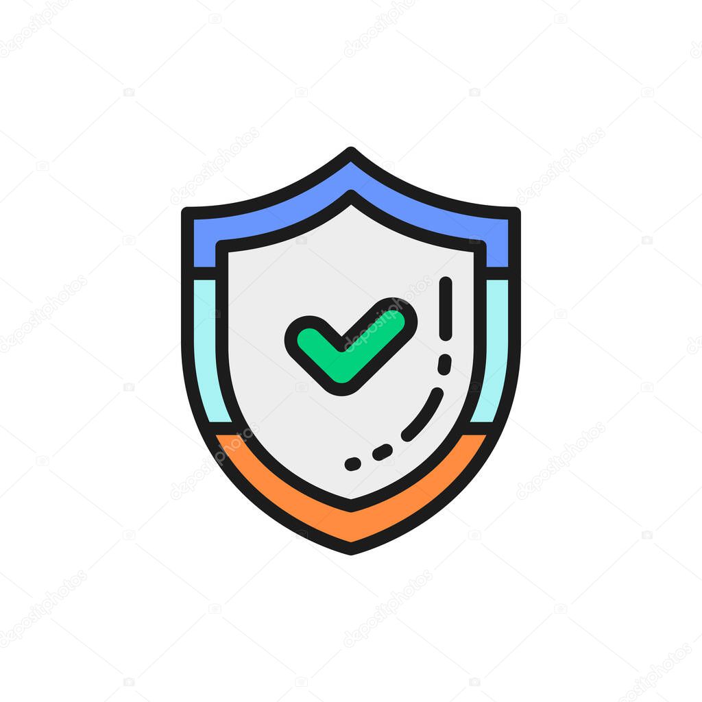 Shield with check mark, quality control protection, accepted color line icon