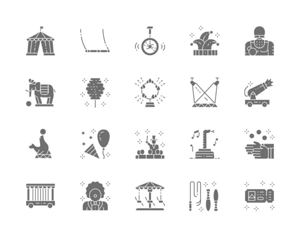 Σύνολο Circus Grey Icons. Κλόουν, Swing, Jester Hat, Elephant, Juggler και άλλα. — Διανυσματικό Αρχείο