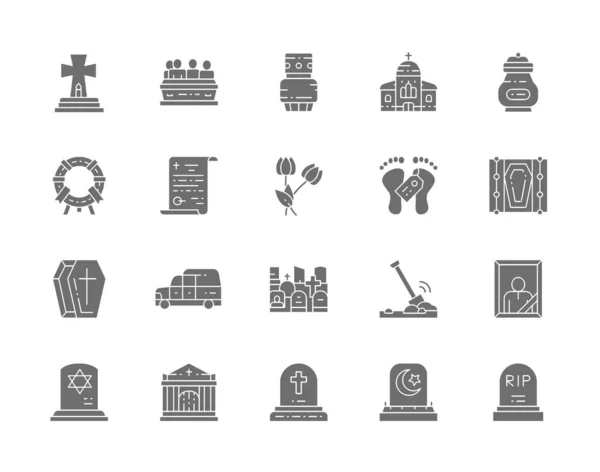 Set de Iconos Gris Funerarios. Iglesia, Cripta, Testamento, Coffin, coche fúnebre y más. — Vector de stock