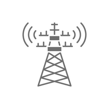 5G internet kulesi, telekomünikasyon kulesi, uydu anten gri simgesi.