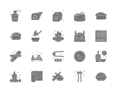 Japon Gıda ve Suşi Gri Simgeleri seti. Philadelphia Roll, Ginger, Temaki, Nigiri, Wasabi, Soya Sosu, Sake ve daha fazlası.