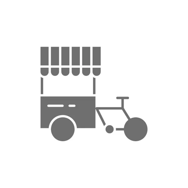 Τρίκυκλο με δρόμο ψυγείο, hot dog ποδήλατο γκρι εικονίδιο. — Διανυσματικό Αρχείο