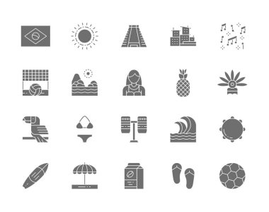 Brezilya Kültür Gri Simgeleri seti. Tropik meyveler, plaj manzarası, Toucan, Güneş, Antik Piramit, Perküsyon, Sörf tahtası, Futbol ve daha fazlası.