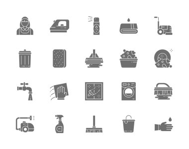 Temizlikçi Gri Simgeler. Ev hanımı, Demir, Havlu, Sünger, Kova ve daha fazlası.