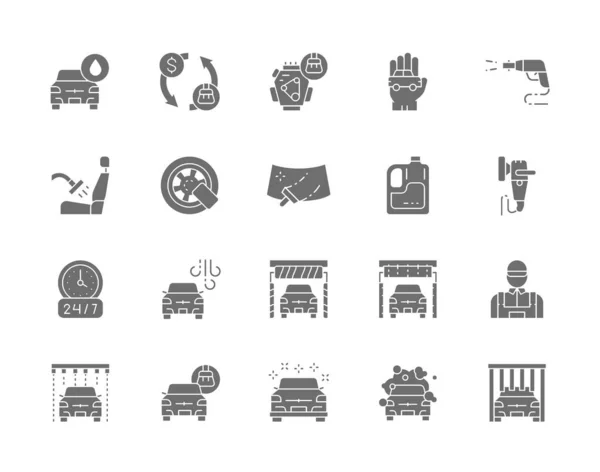 Set von Autowaschanlagen mit grauen Symbolen. Poliermaschine, Radschloss, Windschutzscheibe und mehr. — Stockvektor