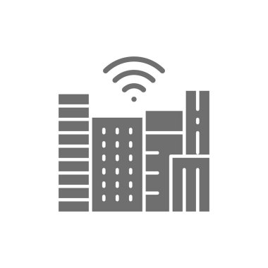 Wi-Fi bölgesi olan akıllı bir kasaba, teknoloji şehri gri simgesi.