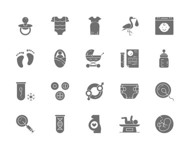 Hamilelik Gri Simgeleri seti. Bebek Şişesi, Çocuk Vücut Giysisi, Büyük Boyutlu Elbise, Yeni Bebek, DNA Testleri, Meme Soother, Embriyolar ve daha fazlası.