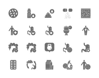 Probiyotik Gri Simgeler. Laktobasil, Bifidobakteriler, Vitaminler ve daha fazlası.