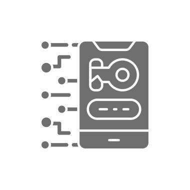 Anahtarlı gizlilik telefonu, kişisel koruma, şifreleme gri simgesi.