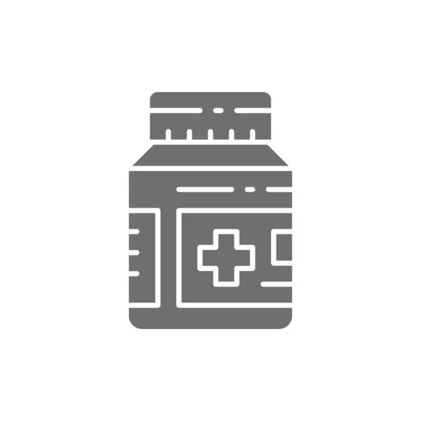 Medical jar with pills and drugs grey icon. — Stock Vector