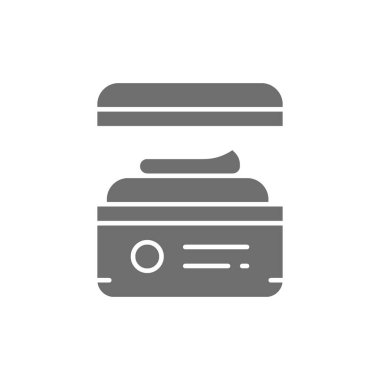 Kozmetik için kapaklı yuvarlak kavanoz, vücut kremi, ovalama gri simgesi.