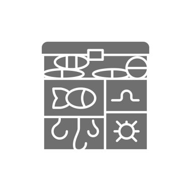 Balık oltası, kanca, yem gri ikonu.