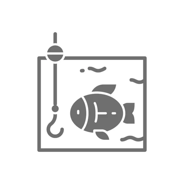 Angeln, Angelhaken mit Fisch unter Wasser grau Symbol. — Stockvektor