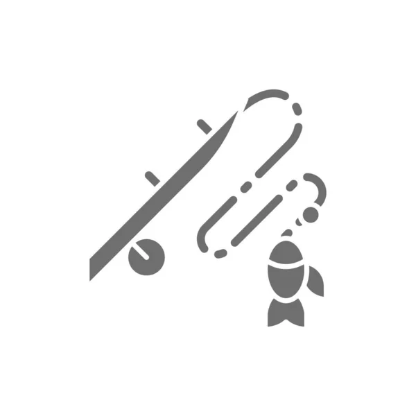 Caña de pescar con icono gris pescado. Aislado sobre fondo blanco — Archivo Imágenes Vectoriales