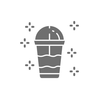 Tek kullanımlık bardak, meyve suyu, milkshake gri ikonu. Beyaz arkaplanda izole